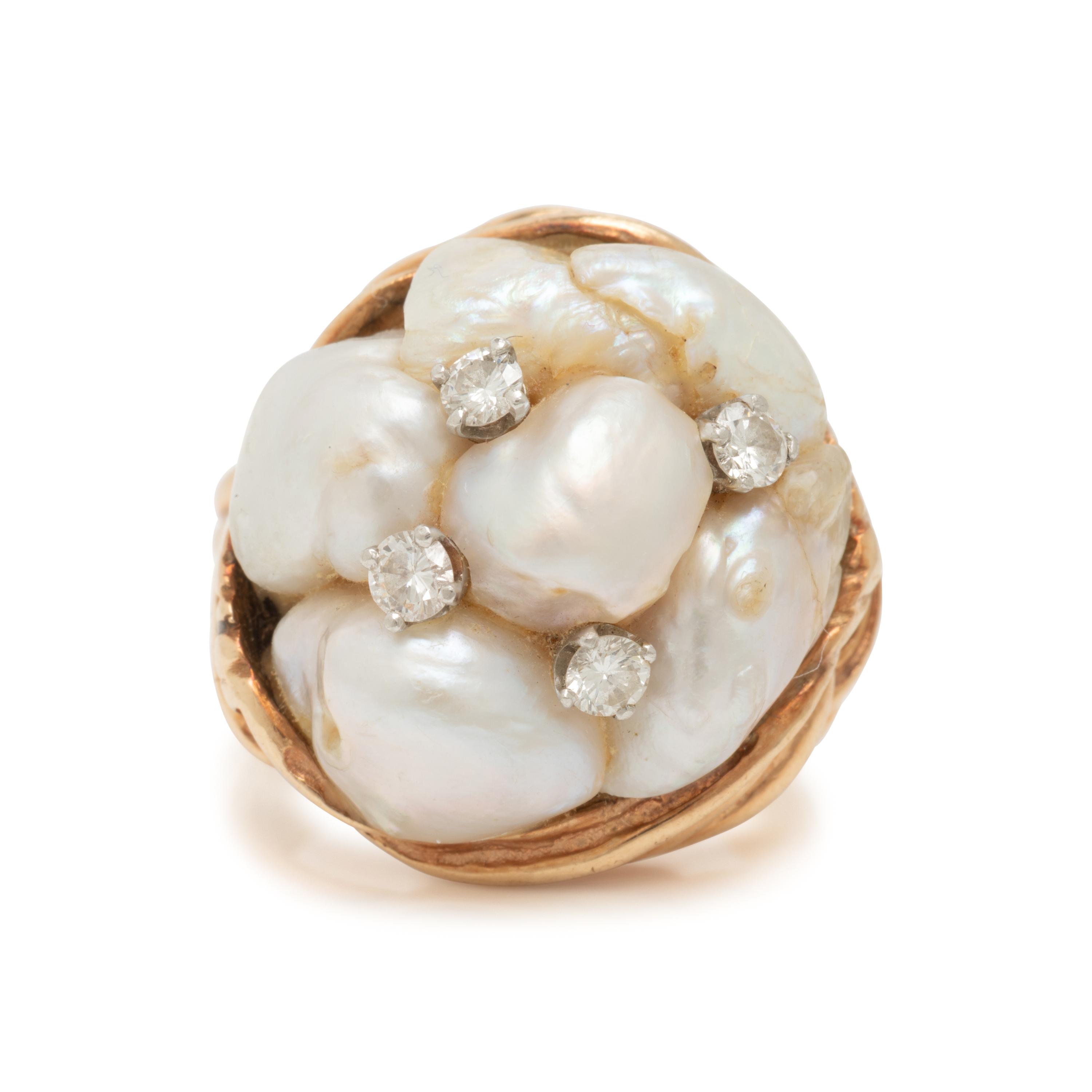 Ruser, Cultured Pearl, Diamond, and Yellow Gold Ring