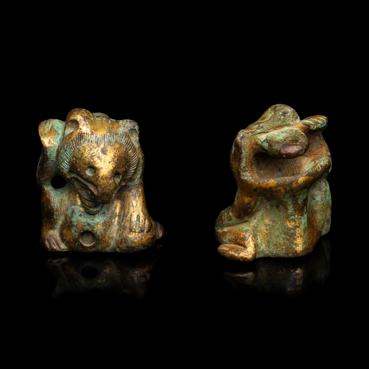 A Pair of Small Chinese Gilt Bronze Bear-Form Supports, Han Dynasty 漢 銅鎏金熊形器足兩件