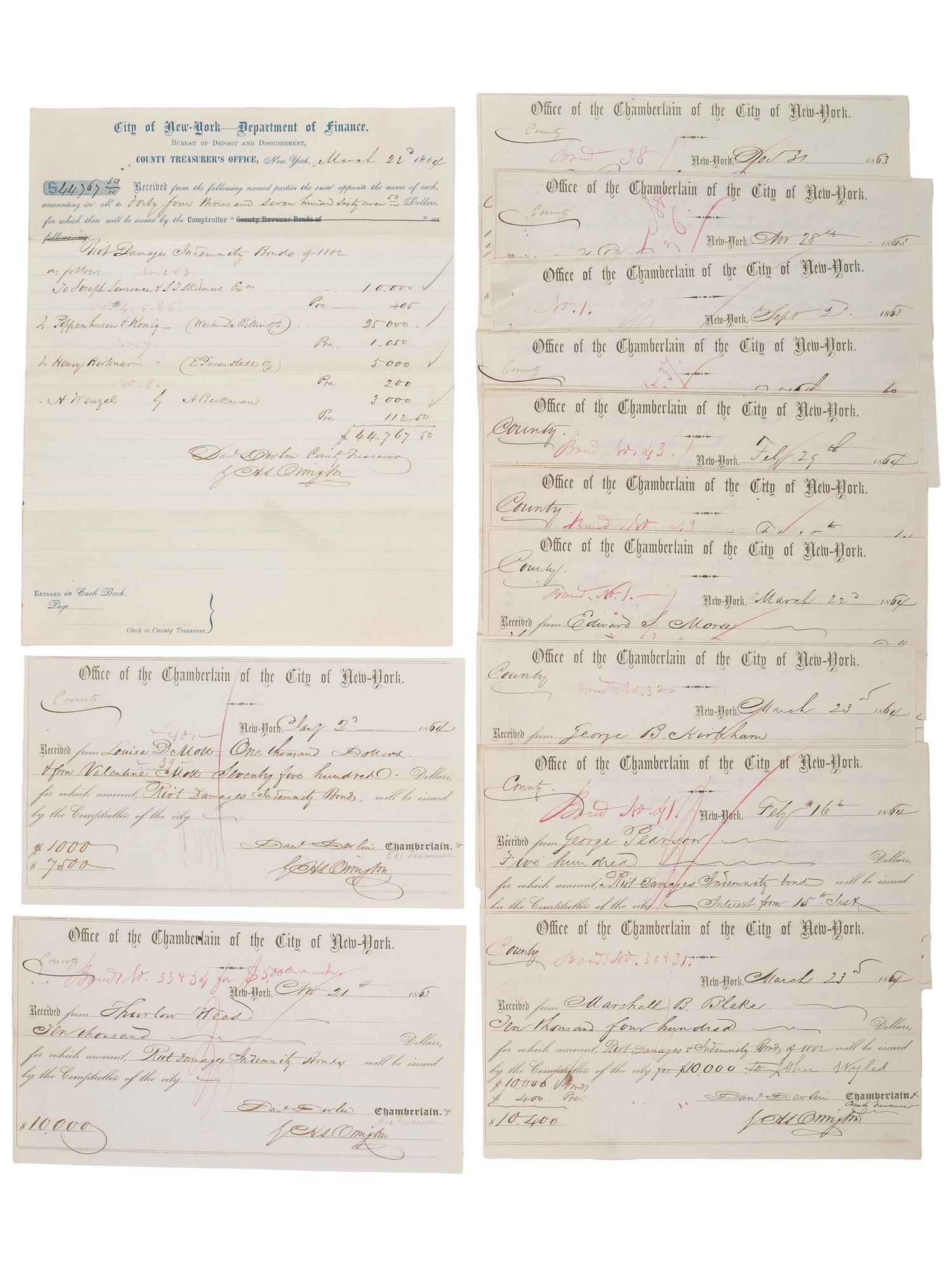 [CIVIL WAR] -- [DRAFT RIOTS]. Archive related to the New York City Draft Riots of 1863, incl. substitute bounty forms, correspondence, damage reimbursement checks, and more.