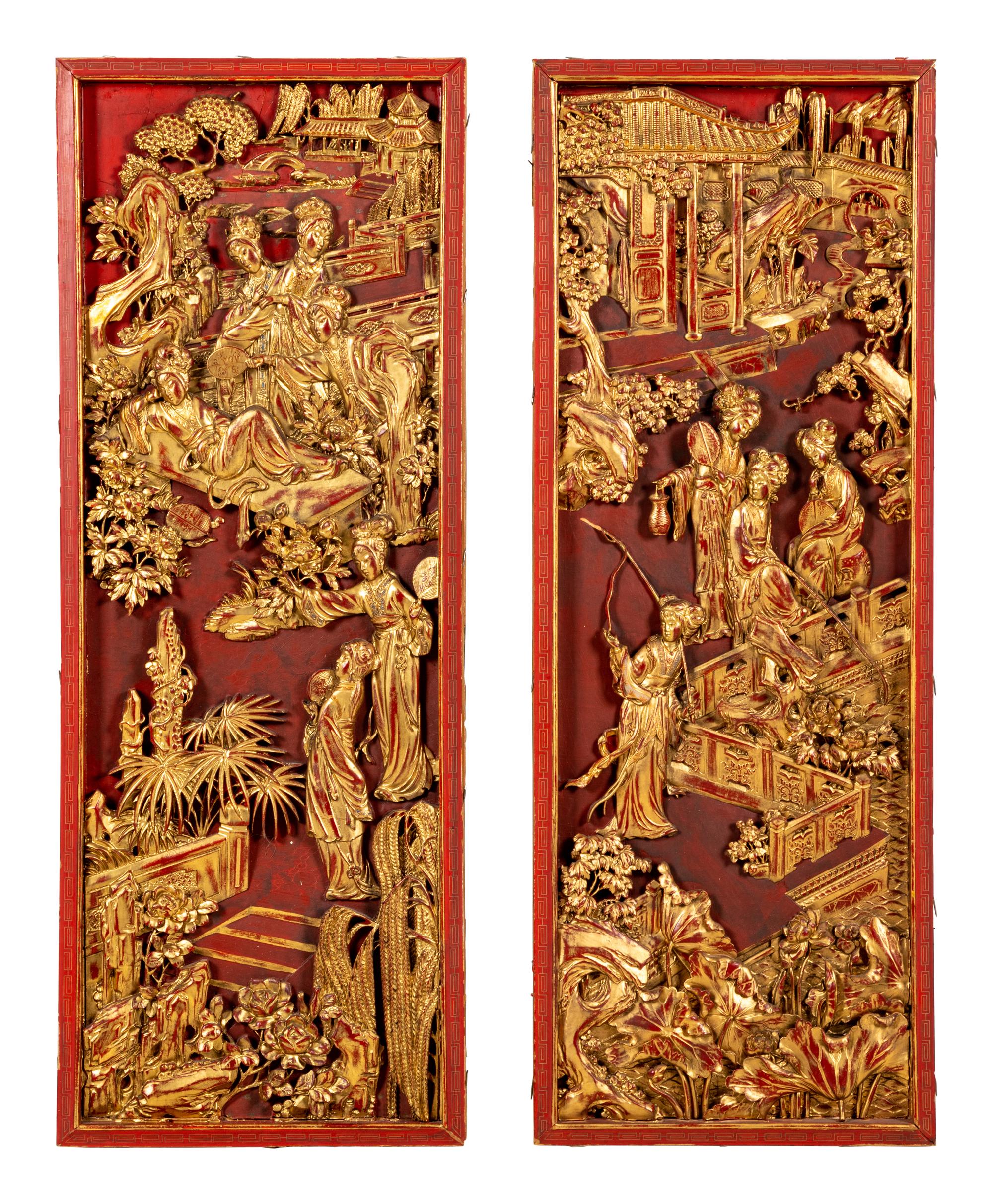 A Pair of Chinese Gilt and Red Lacquered Wood Panels