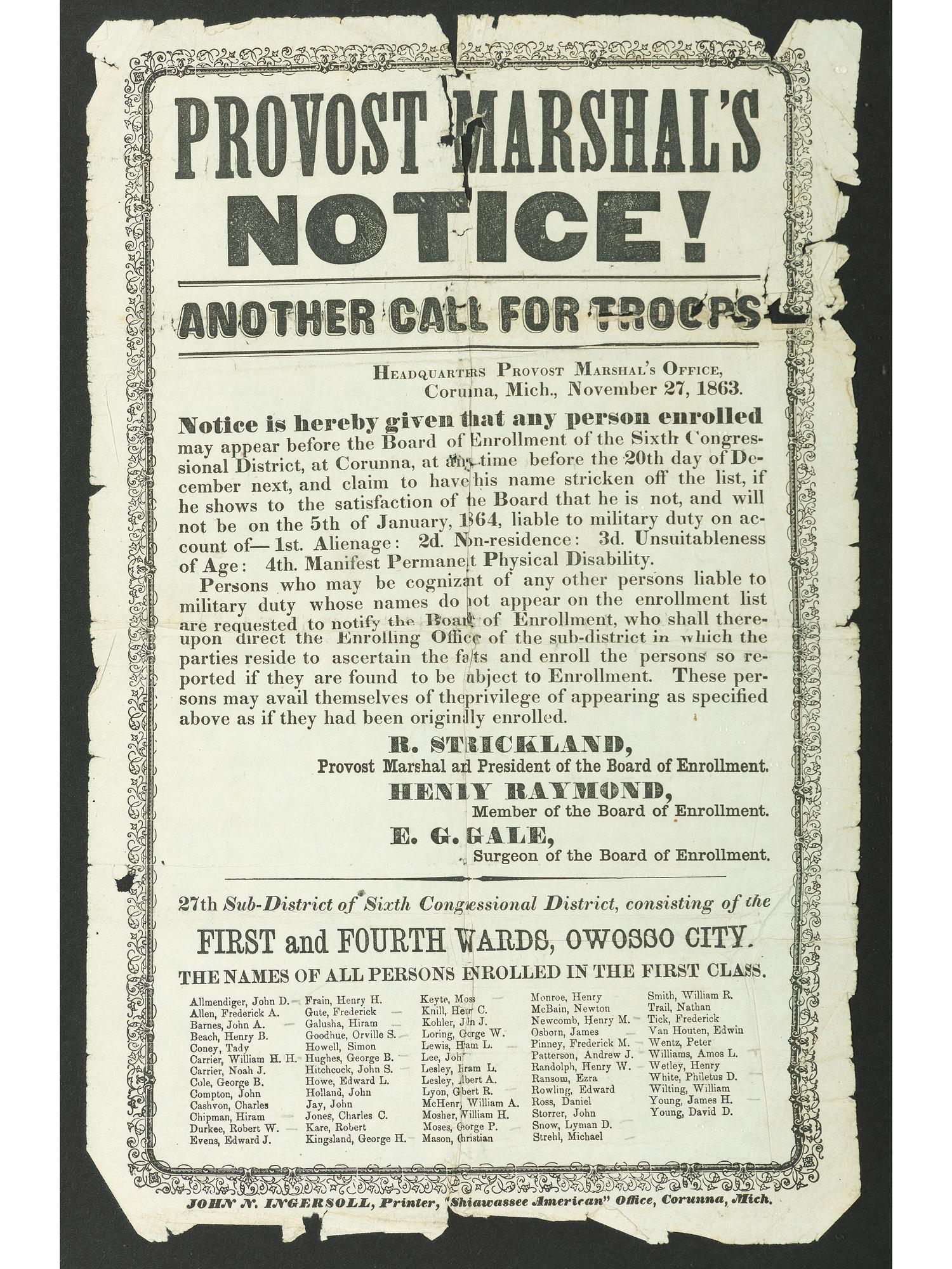 [CIVIL WAR]. Provost Marshal's Notice, Another Call for Troops . Corunna, MI: John N. Ingersoll, 27 November 1863.