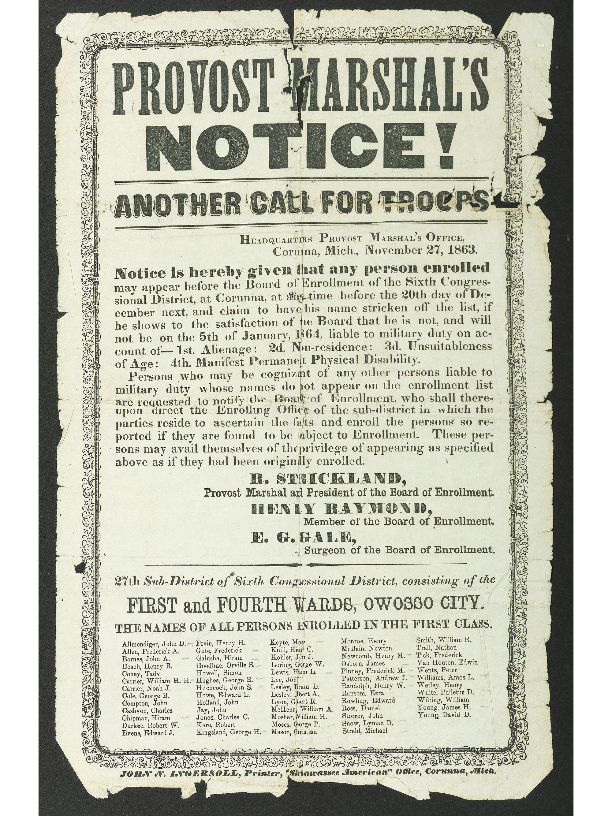 [CIVIL WAR]. Provost Marshal's Notice, Another Call for Troops . Corunna, MI: John N. Ingersoll, 27 November 1863.