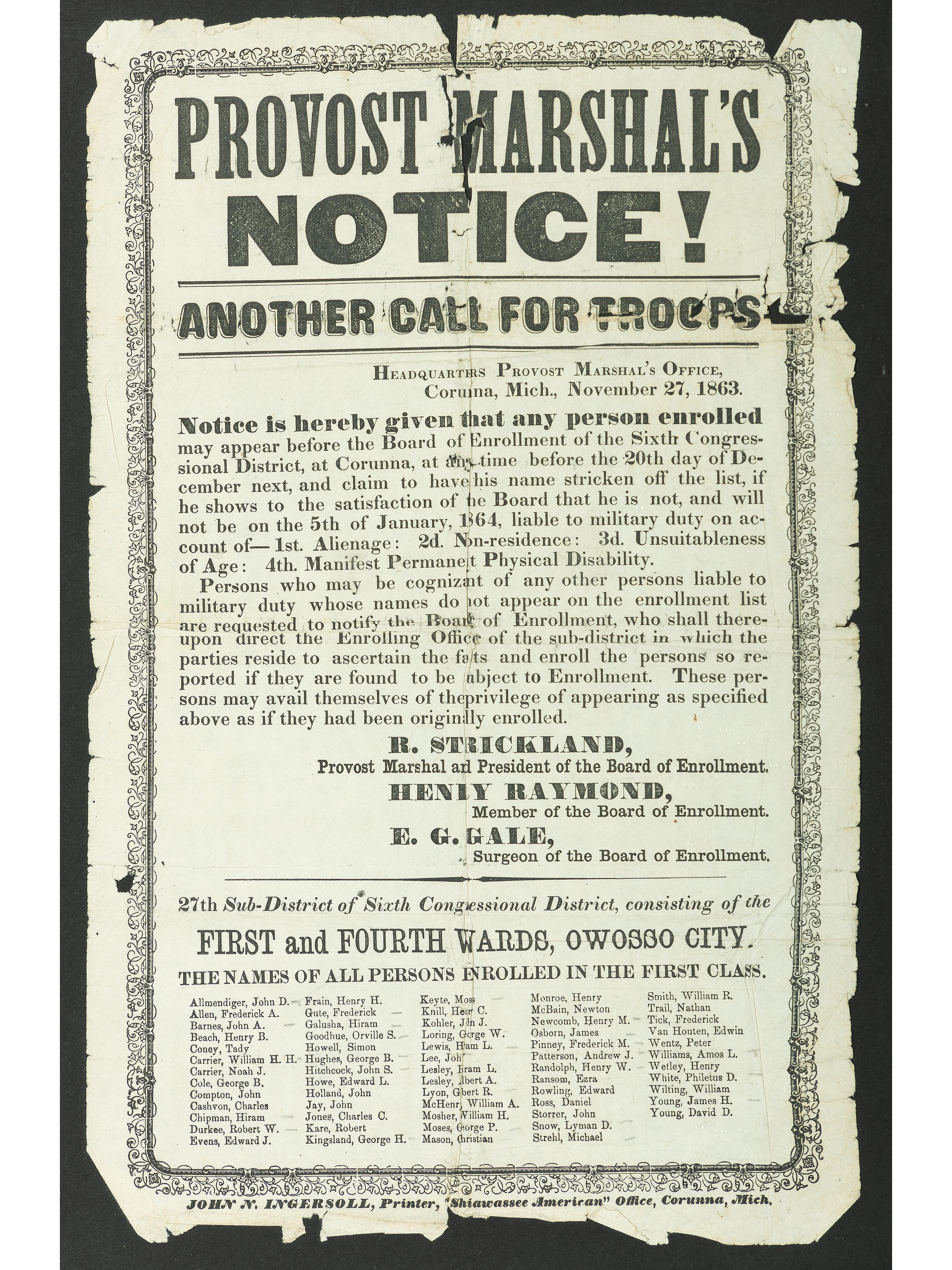 [CIVIL WAR]. Provost Marshal's Notice, Another Call for Troops . Corunna, MI: John N. Ingersoll, 27 November 1863.