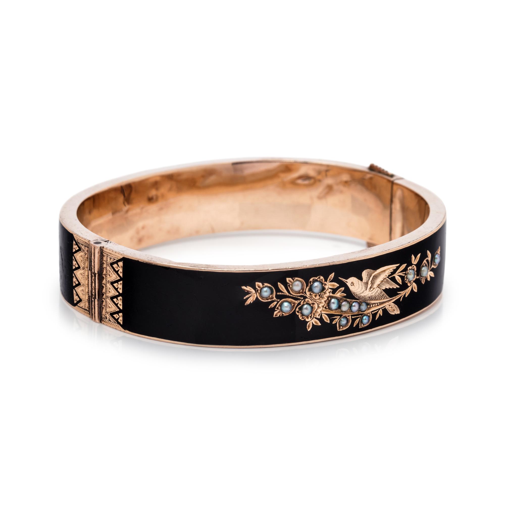 VICTORIAN, ENAMEL AND SEED PEARL MOURNING BANGLE BRACELET