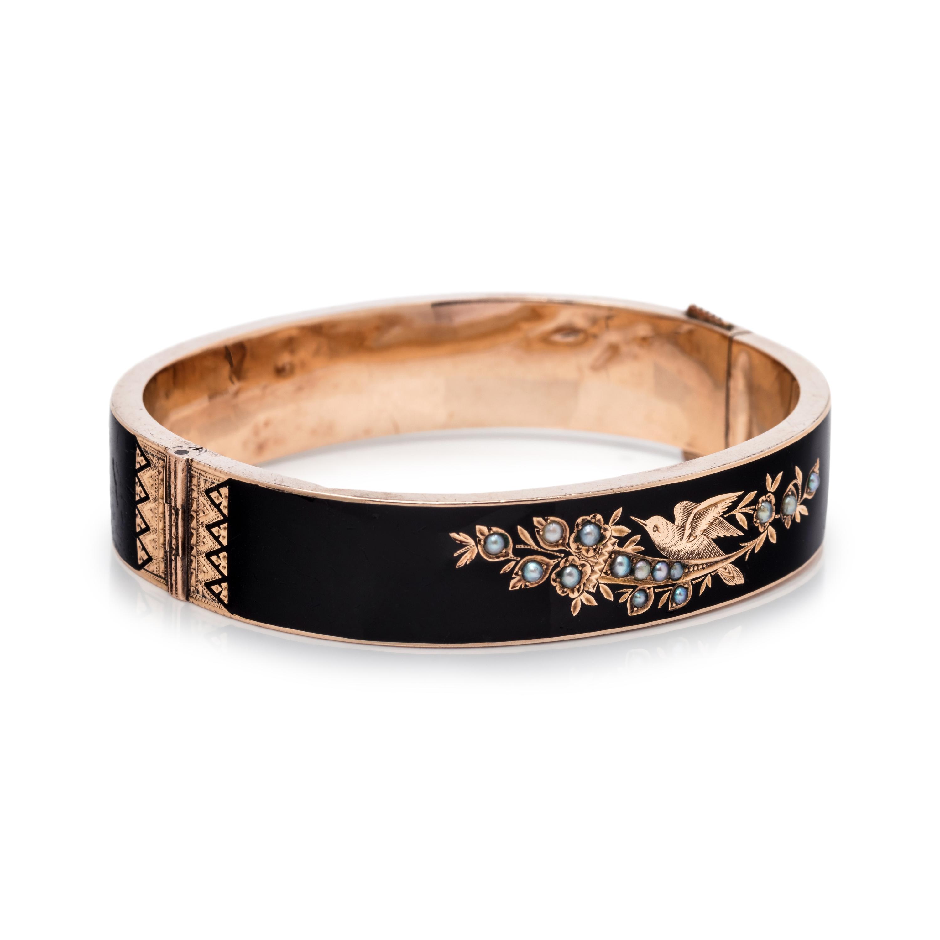 VICTORIAN, ENAMEL AND SEED PEARL MOURNING BANGLE BRACELET