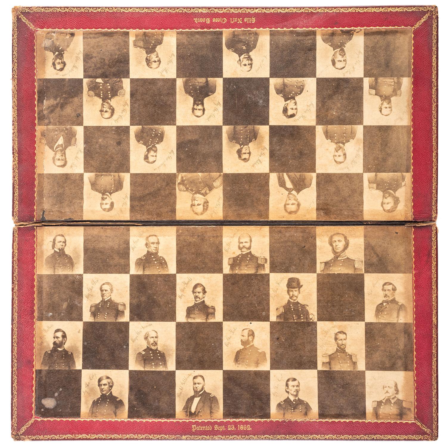 Civil War chess board and accompanying pieces. Hills National Chess Board, 1862.
