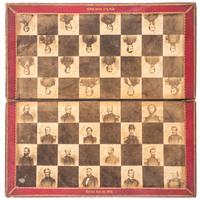 Civil War chess board and accompanying pieces. Hills National Chess Board, 1862.