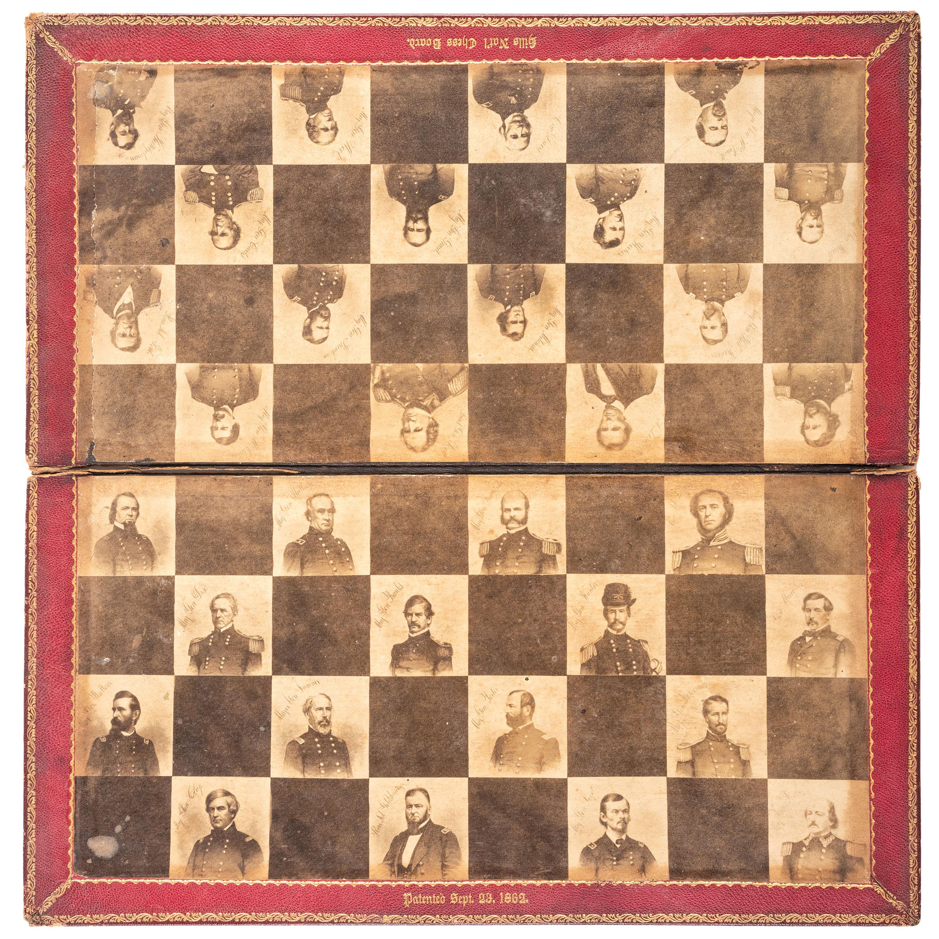 Civil War chess board and accompanying pieces. Hills National Chess Board, 1862.