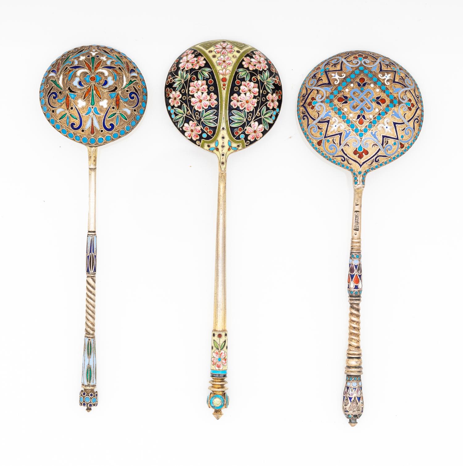 Three Russian Enameled Silver Spoons