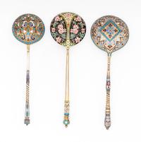 Three Russian Enameled Silver Spoons