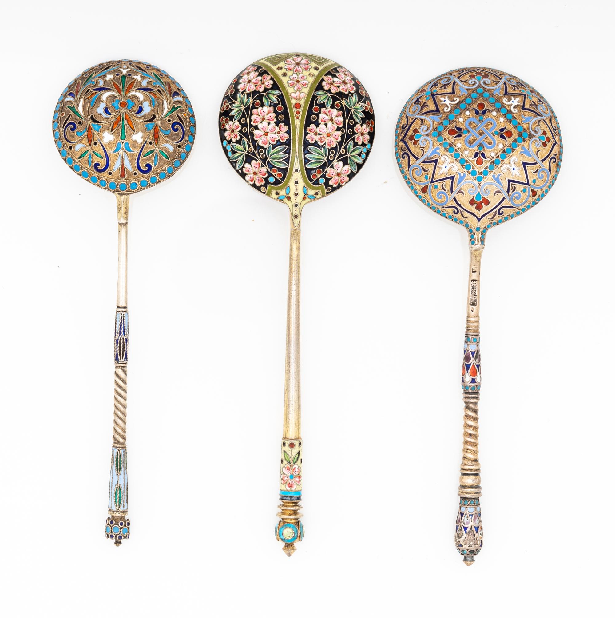 Three Russian Enameled Silver Spoons