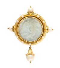 An 18 Karat Yellow Gold, Rock Crystal and Cultured Pearl Brooch, Elizabeth Locke, 28.00 dwts.