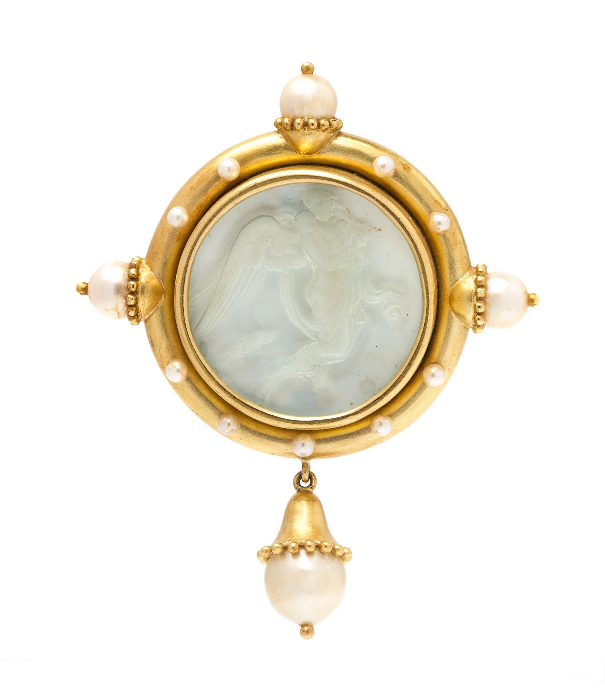 An 18 Karat Yellow Gold, Rock Crystal and Cultured Pearl Brooch, Elizabeth Locke, 28.00 dwts.