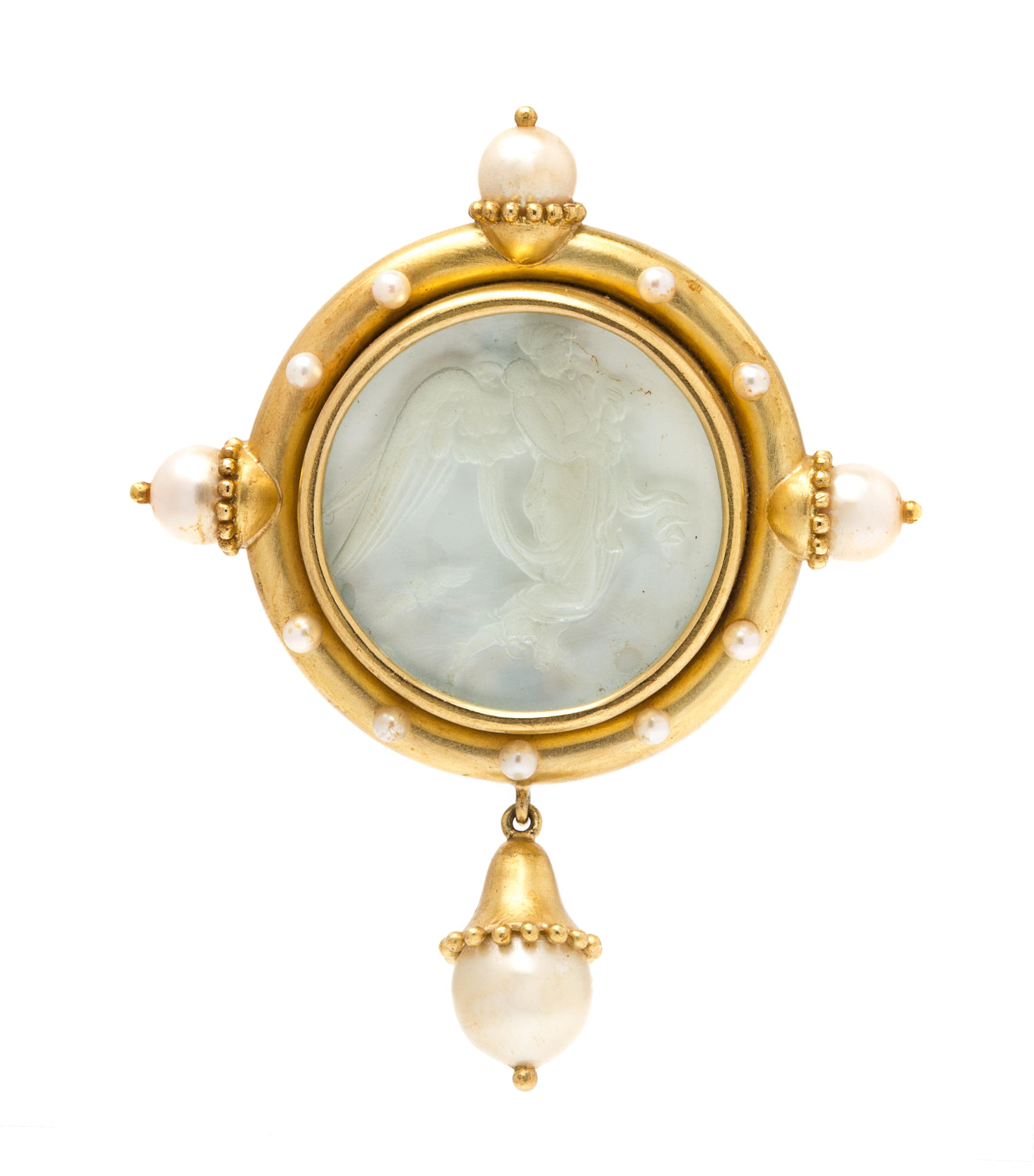 An 18 Karat Yellow Gold, Rock Crystal and Cultured Pearl Brooch, Elizabeth Locke, 28.00 dwts.