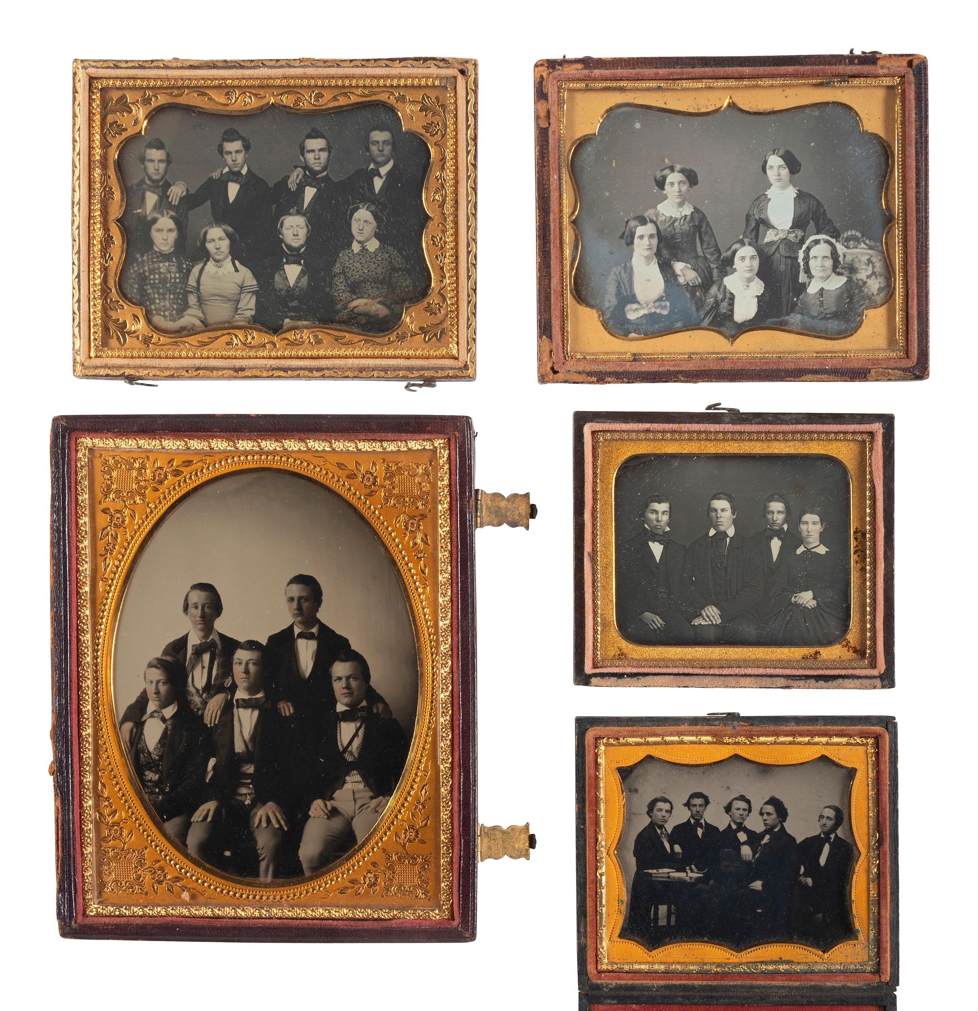 [EARLY PHOTOGRAPHY]. A group of 5 daguerreotypes and ambrotypes of groups of mostly young adults, including: