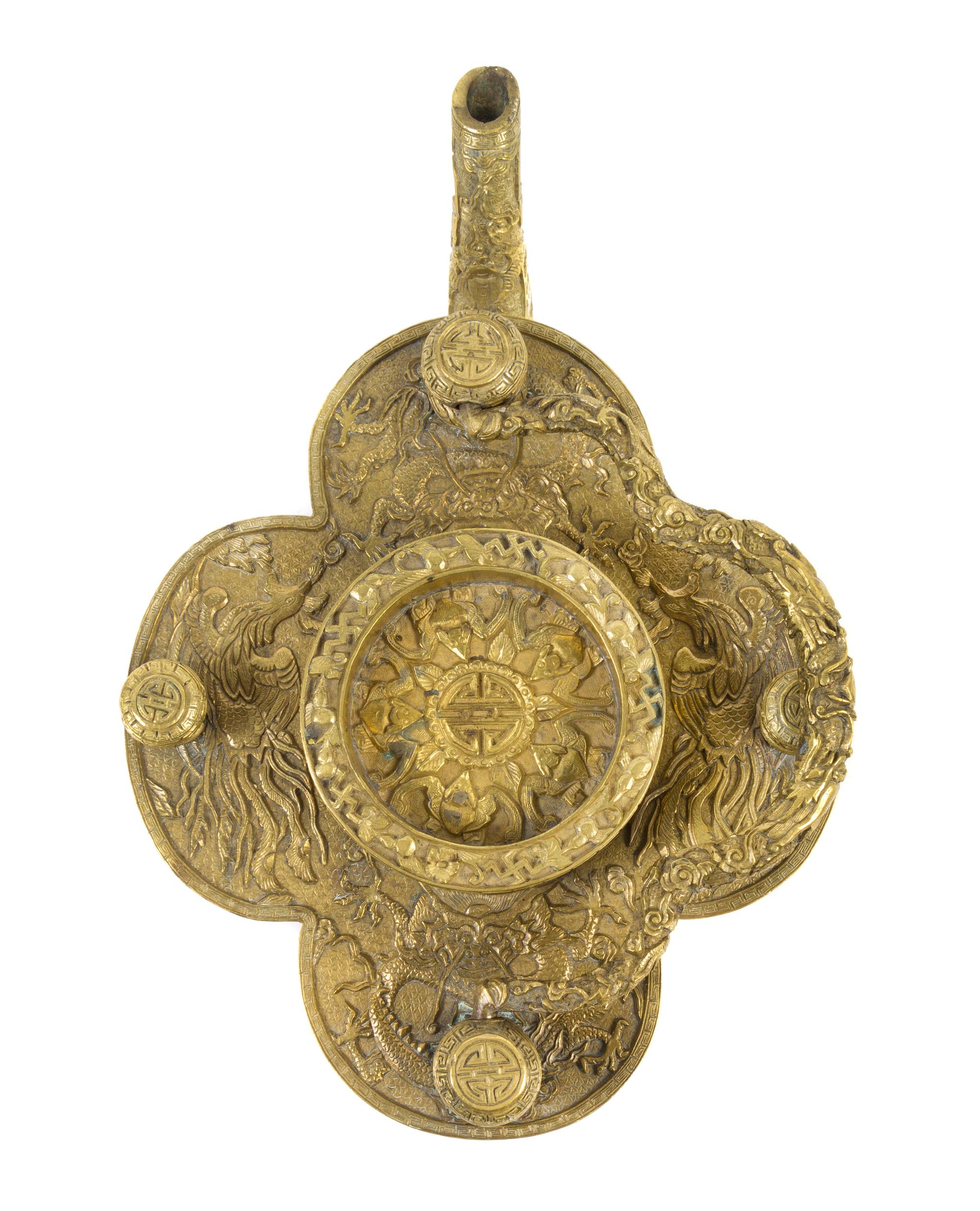 A Chinese Imperial Gilt Metal Wine Pot 18TH/19TH CENTURY Height over handles 8 3/4 inches. — 18TH/19TH CENTURY