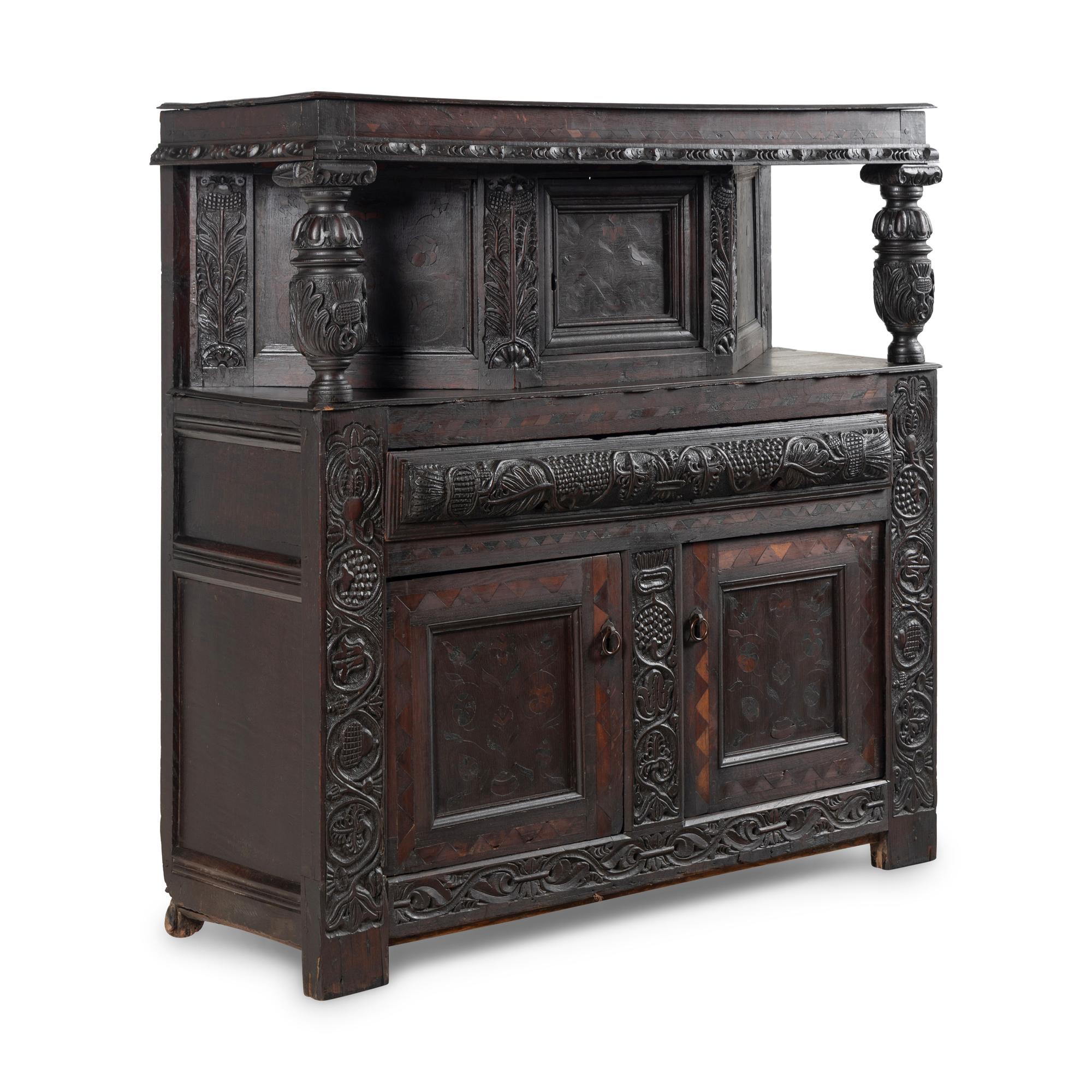 A William and Mary Carved Oak and Marquetry Court Cupboard