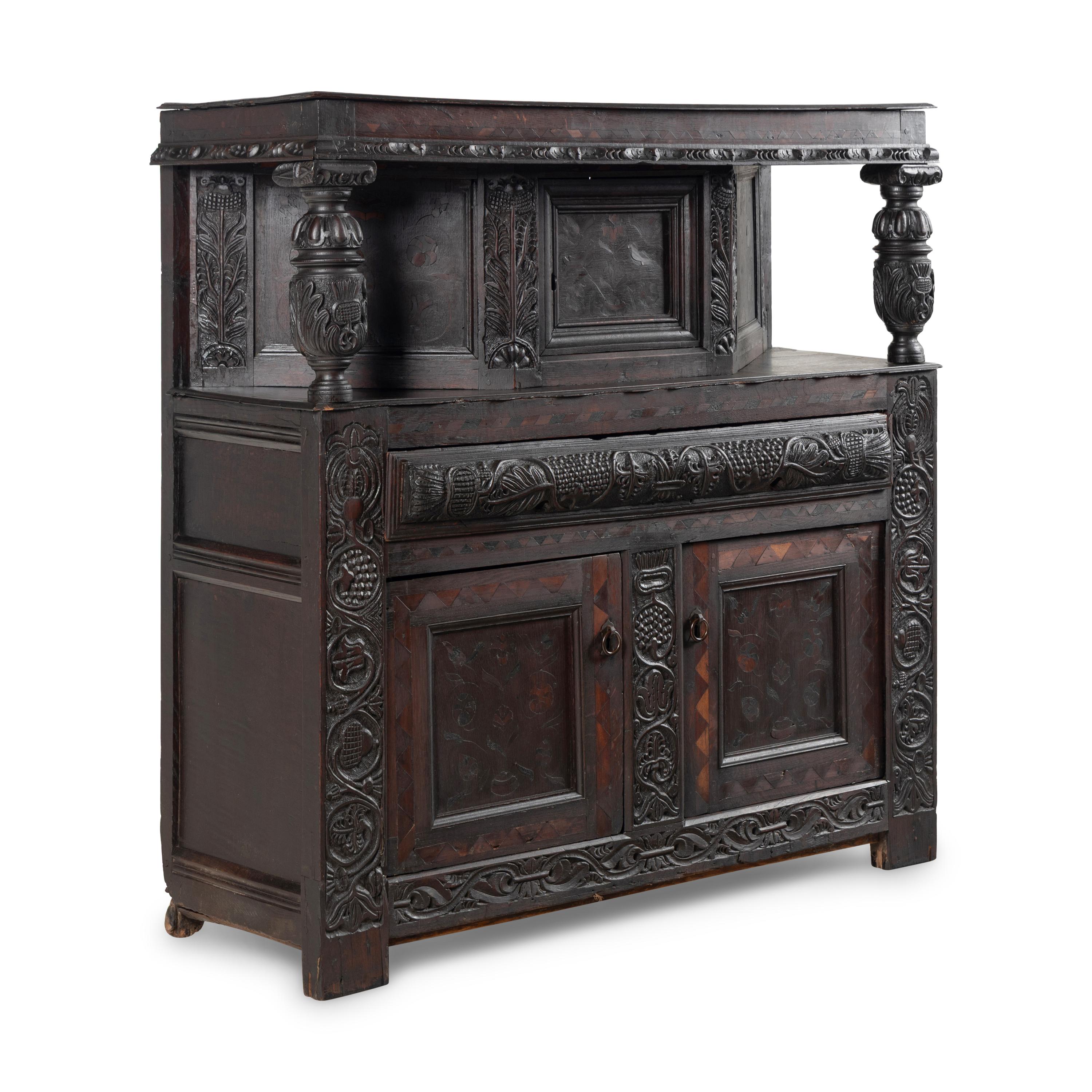 A William and Mary Carved Oak and Marquetry Court Cupboard