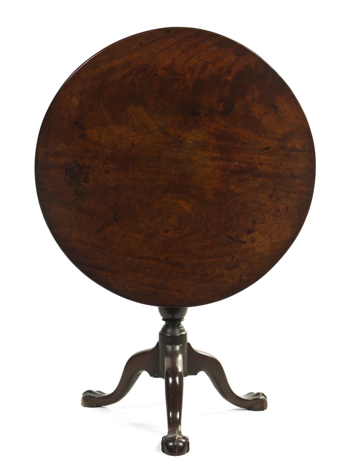 A George III Style Mahogany Tilt-Top Tea Table, Height 27 x diameter 29 1/2 inches.