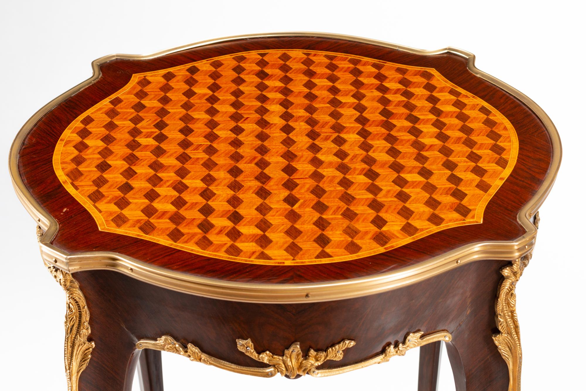 A Pair of Louis XV Style Gilt Bronze Mounted Parquetry Guéridons