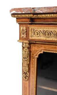 A Louis XVI Style Gilt Bronze Mounted Amaranth, Burr Maple and Kingwood Parquetry Marble-Top Bonheur du Jour