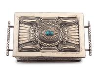 Award Winning Heavily Stamped Sterling Silver Lidded Box, with Repoussé Accents and Turquoise Cabochon