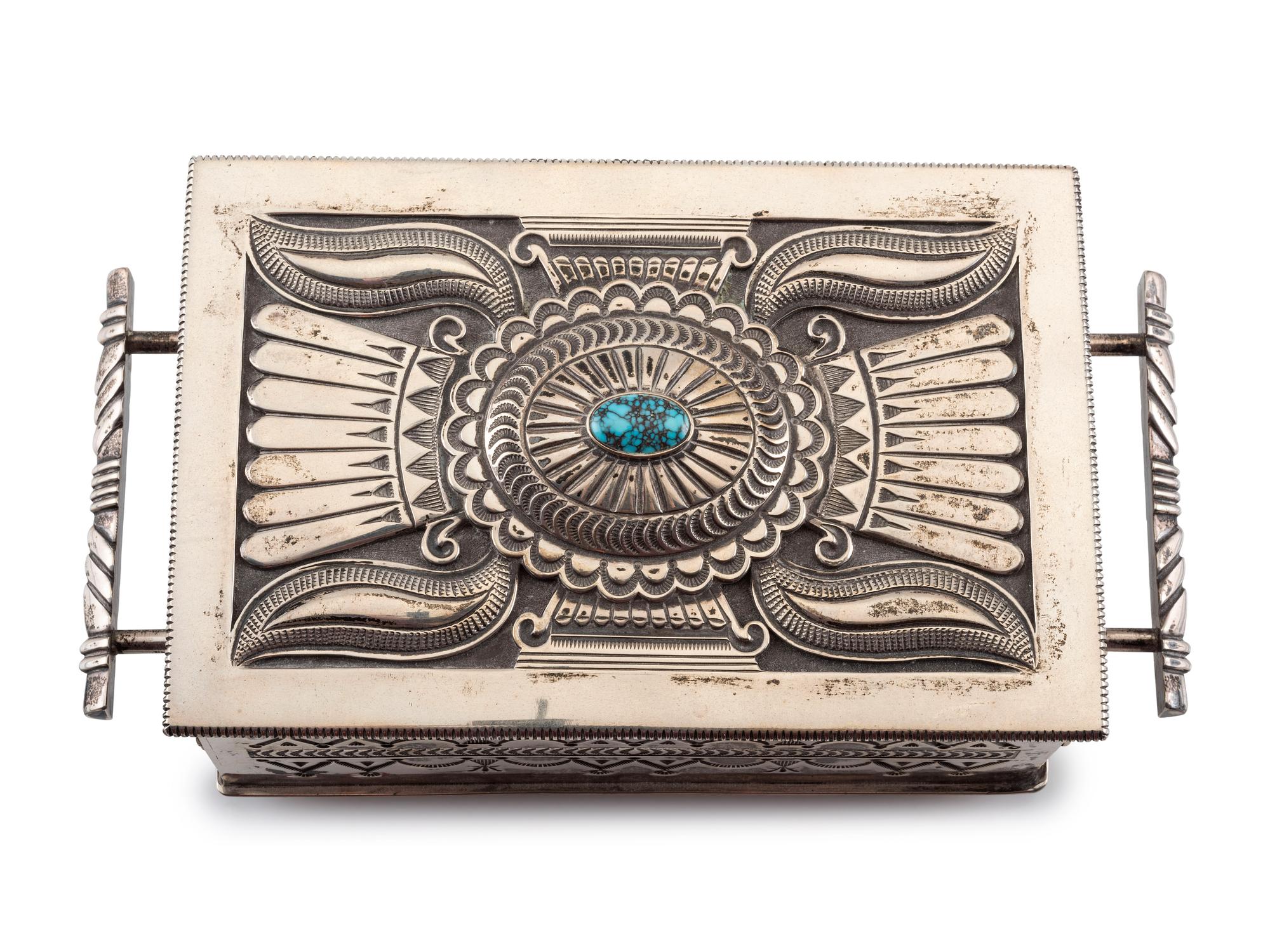 Award Winning Heavily Stamped Sterling Silver Lidded Box, with Repoussé Accents and Turquoise Cabochon