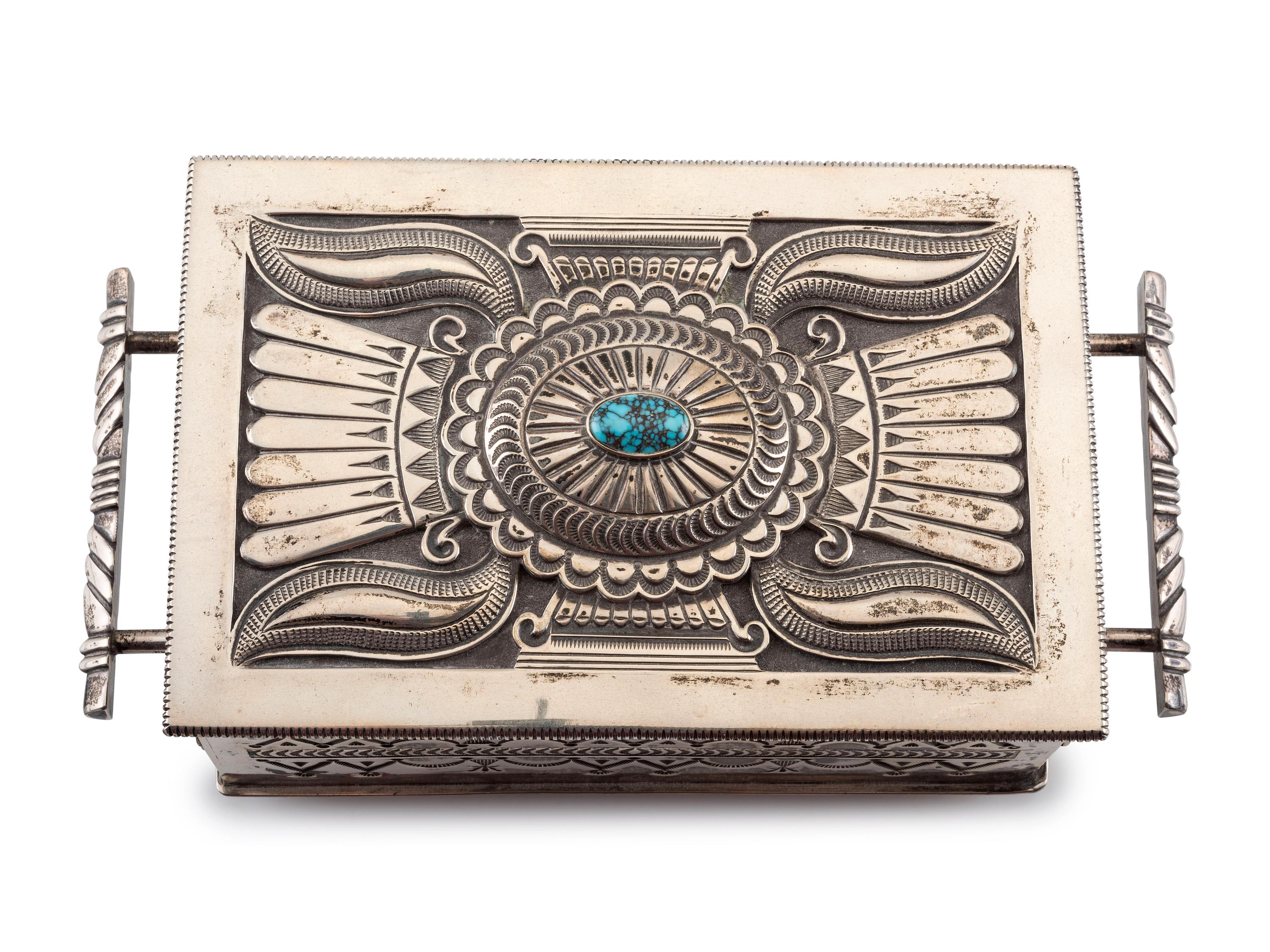 Award Winning Heavily Stamped Sterling Silver Lidded Box, with Repoussé Accents and Turquoise Cabochon