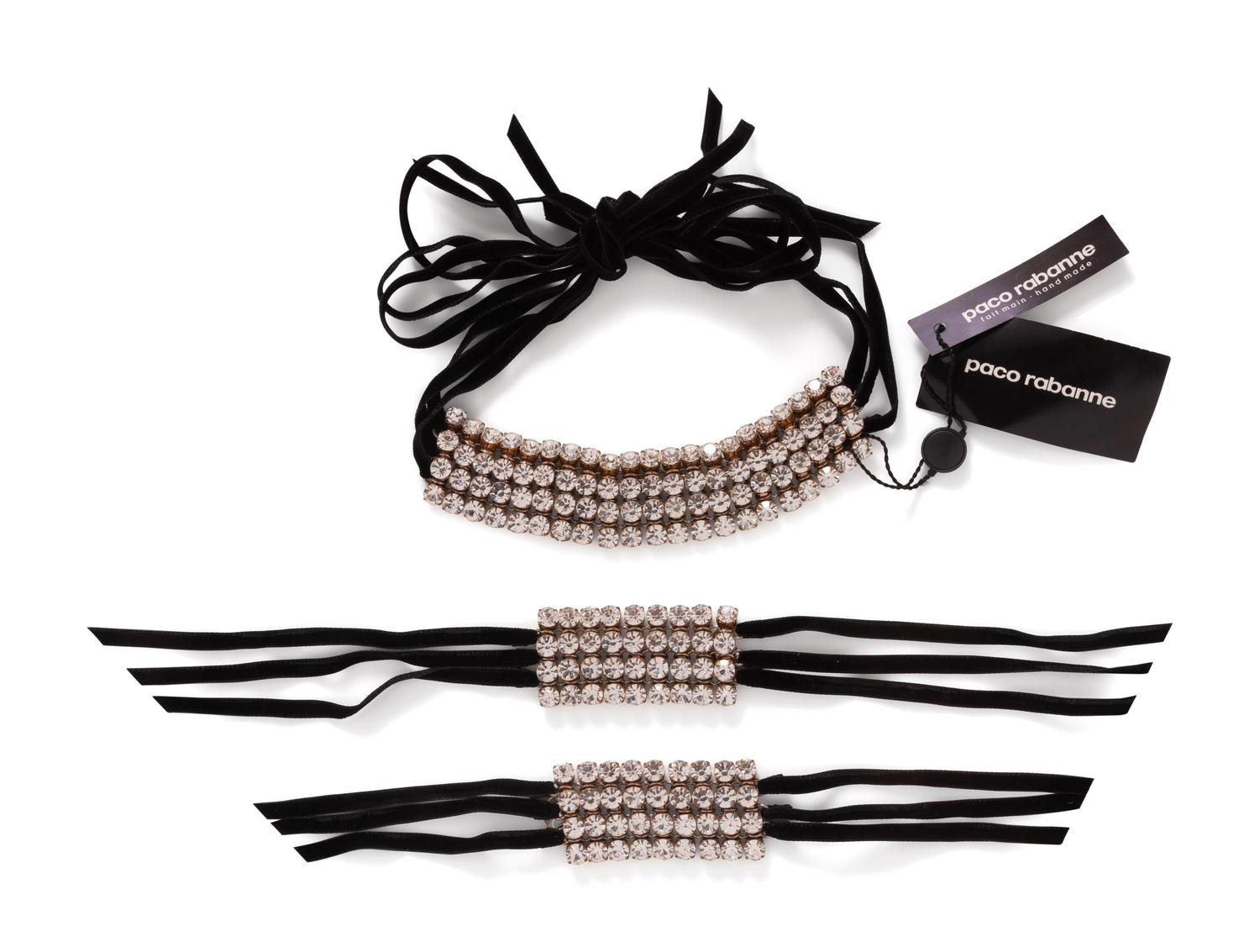Paco Rabanne, velvet ribbon and rhinestone cuffs and choker