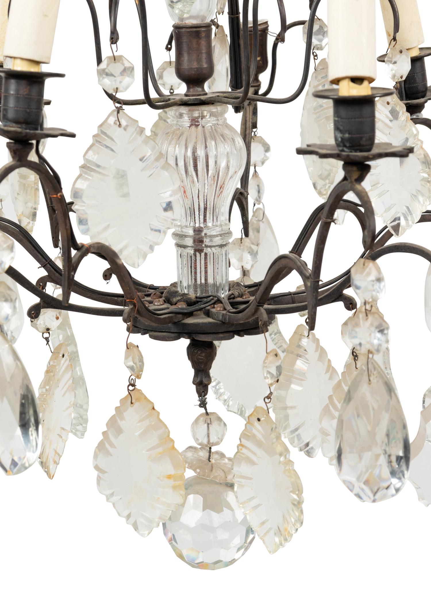 A French Cast Metal and Cut Glass Six-Light Chandelier