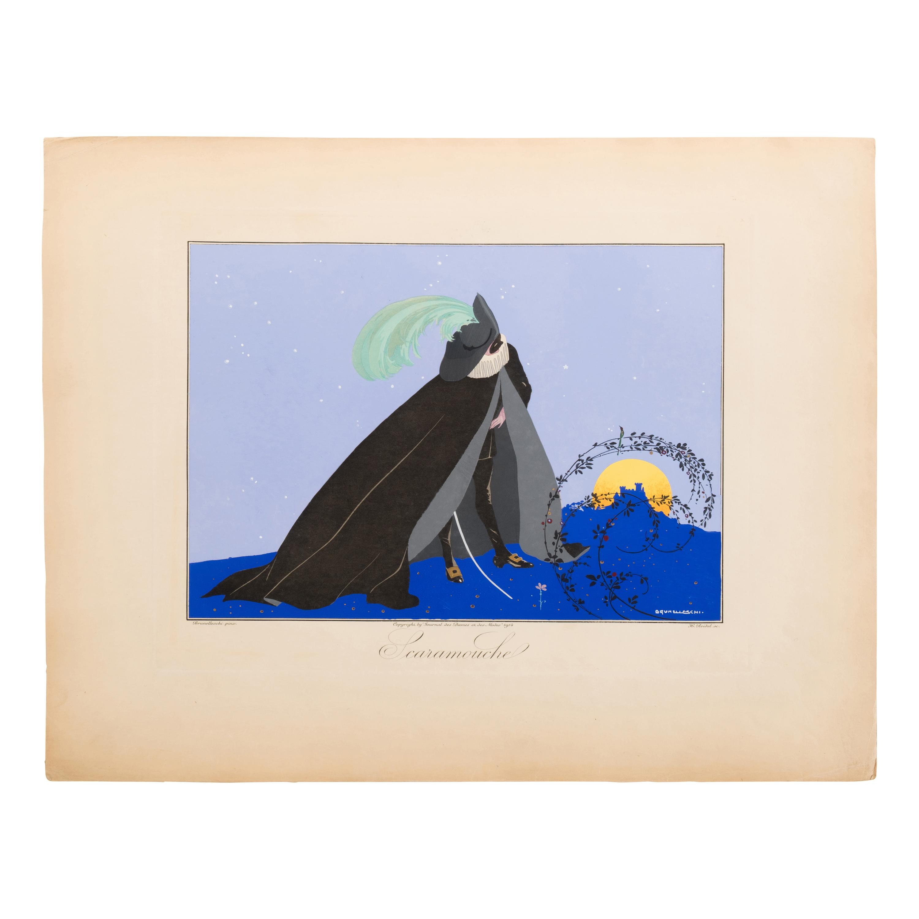 Brunelleschi, Umberto (1879-1949), illustrator. -- Régnier, Marie de ("Gerard de Houville") (1875-1963). Les Masques et les Personnages de la Comedie Italienne . Paris: Aux Bureaux du Journal des Dames et des Modes, 1914.