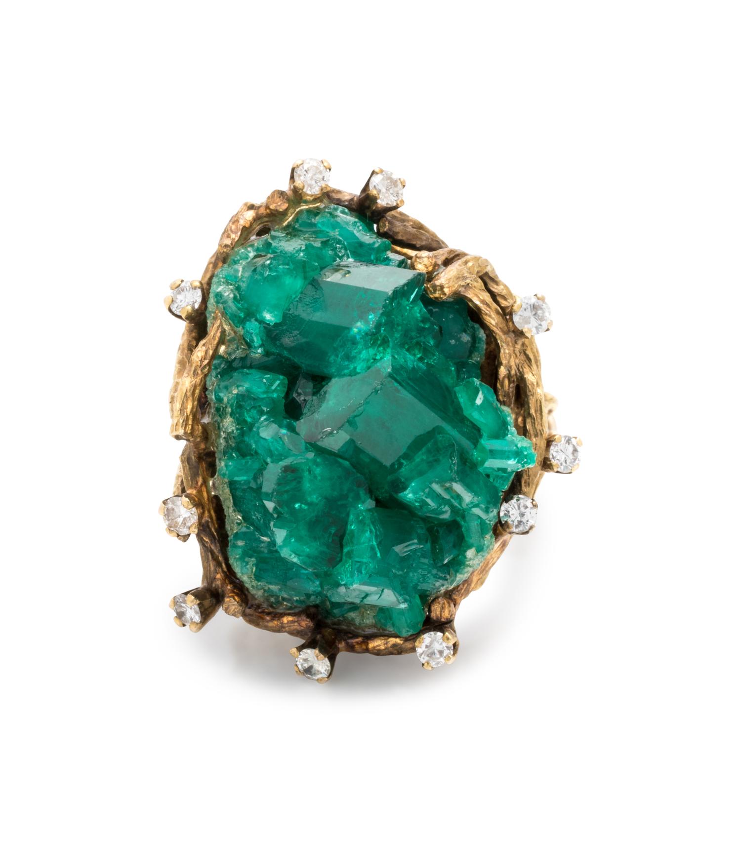 RONAY, YELLOW GOLD, SYNTHETIC EMERALD AND DIAMOND RING