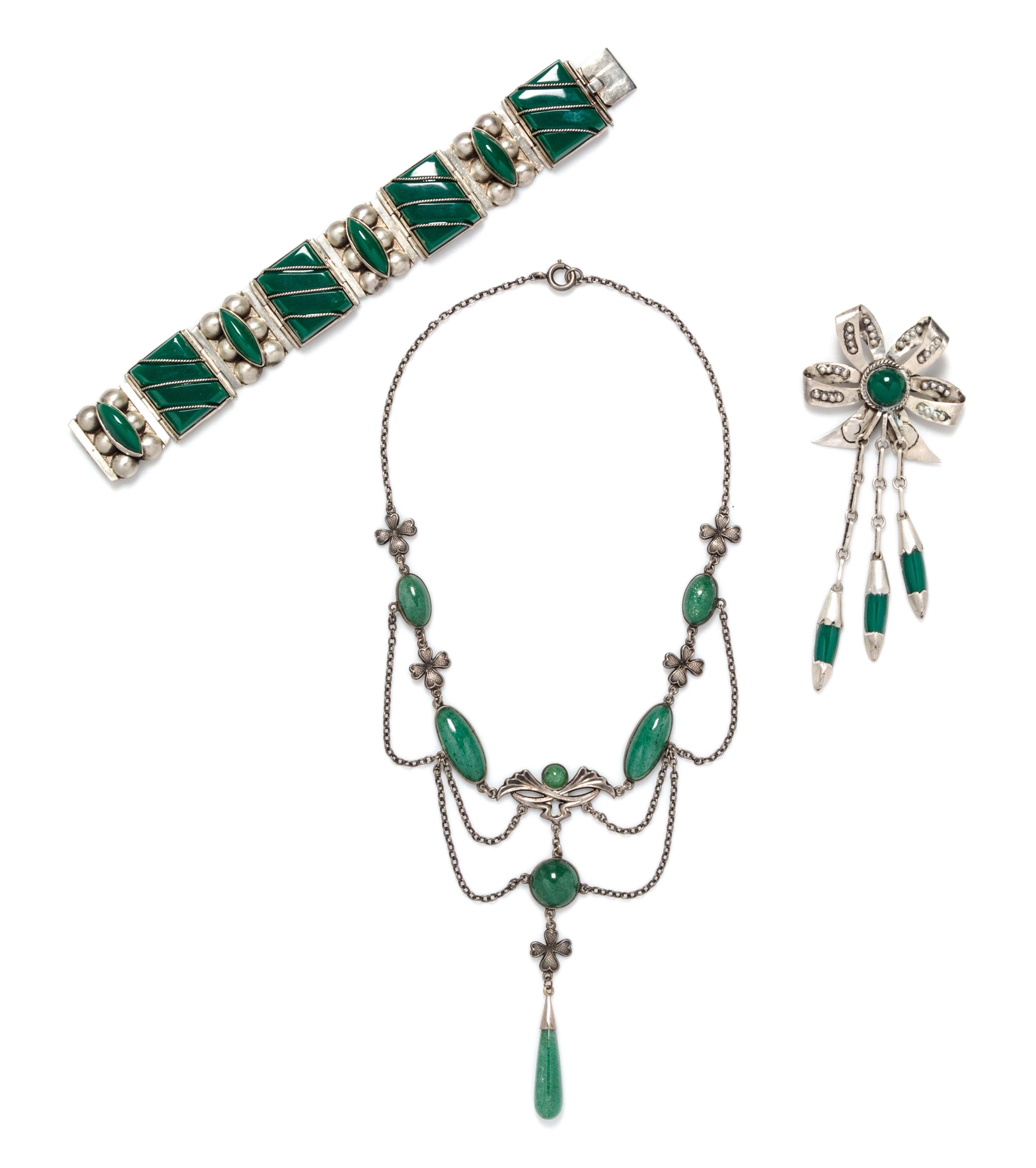 A Collection of Sterling Silver, Aventurine Quartz and Dyed Green Chalcedony Jewelry, 77.40 dwts.