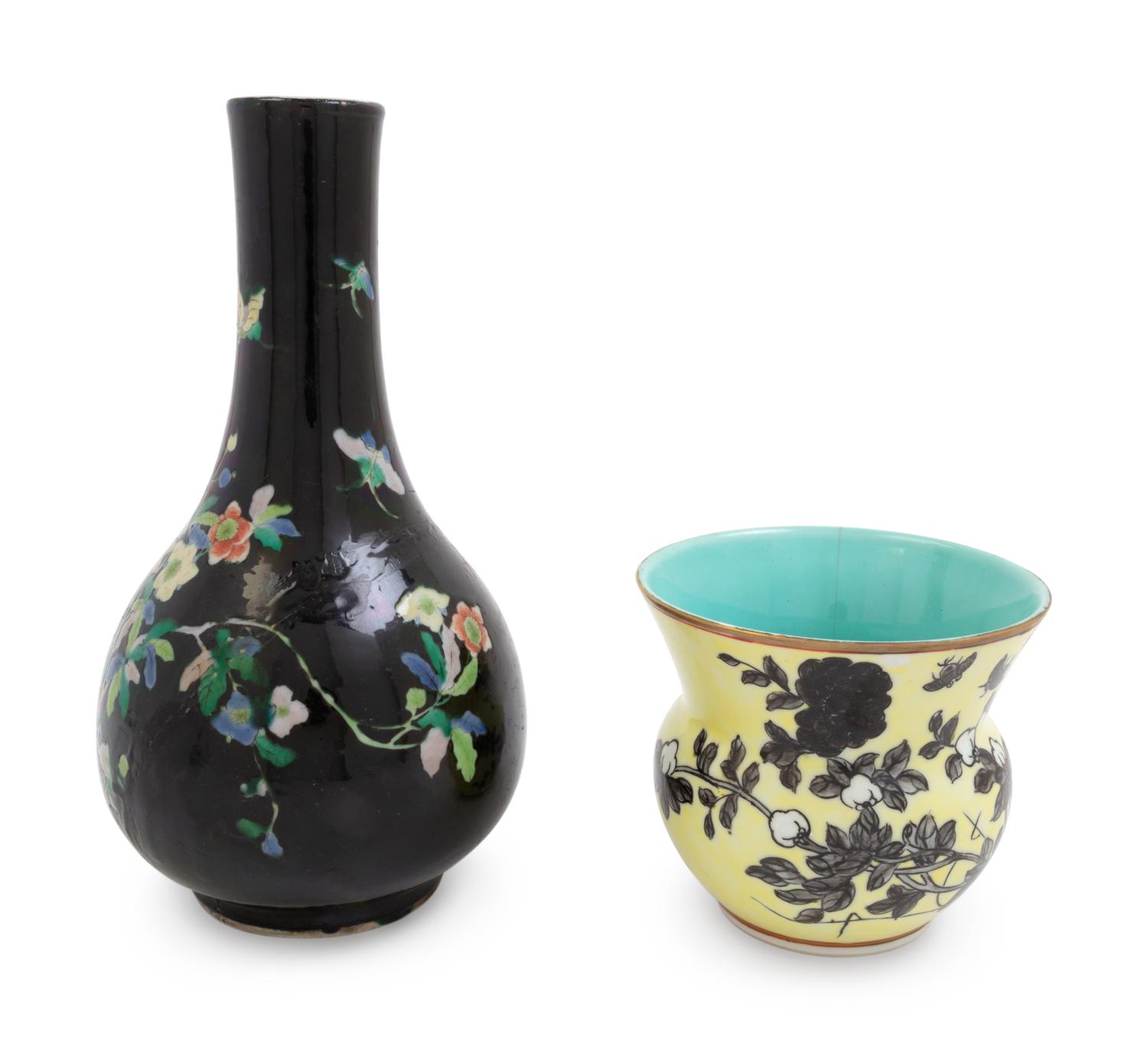 A Chinese Famille Noire Porcelain Bottle Vase and A Chinese Yellow Ground Grisaille Decorated Spitoon