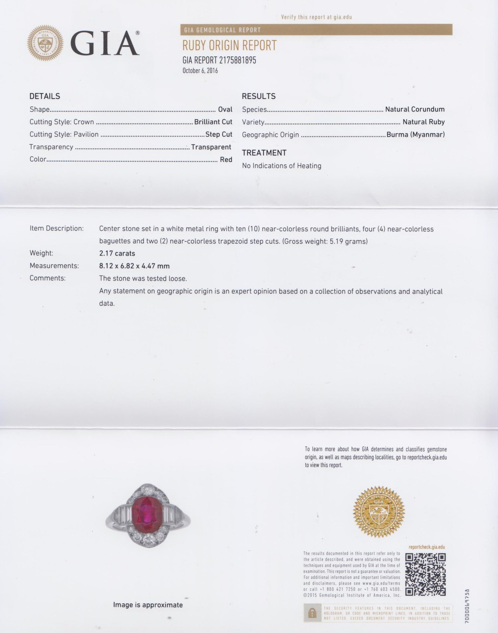 An Art Deco Platinum, Burmese Ruby and Diamond Ring, 3.20 dwts.