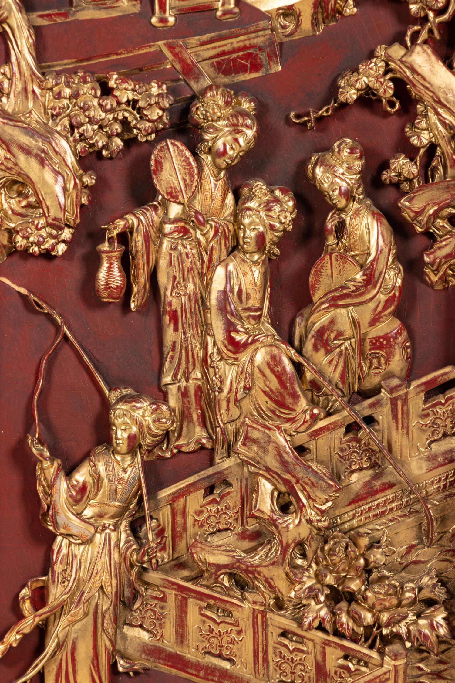 A Pair of Chinese Gilt and Red Lacquered Wood Panels