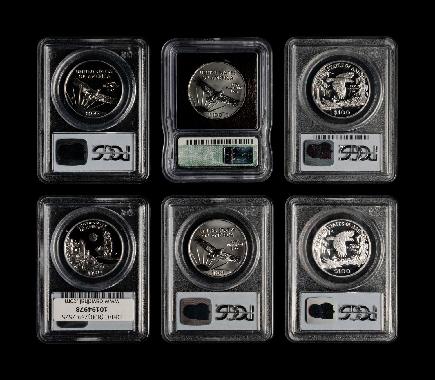A Group of Six Statue of Liberty $100 1 oz. Platinum Proof and Mint Coins