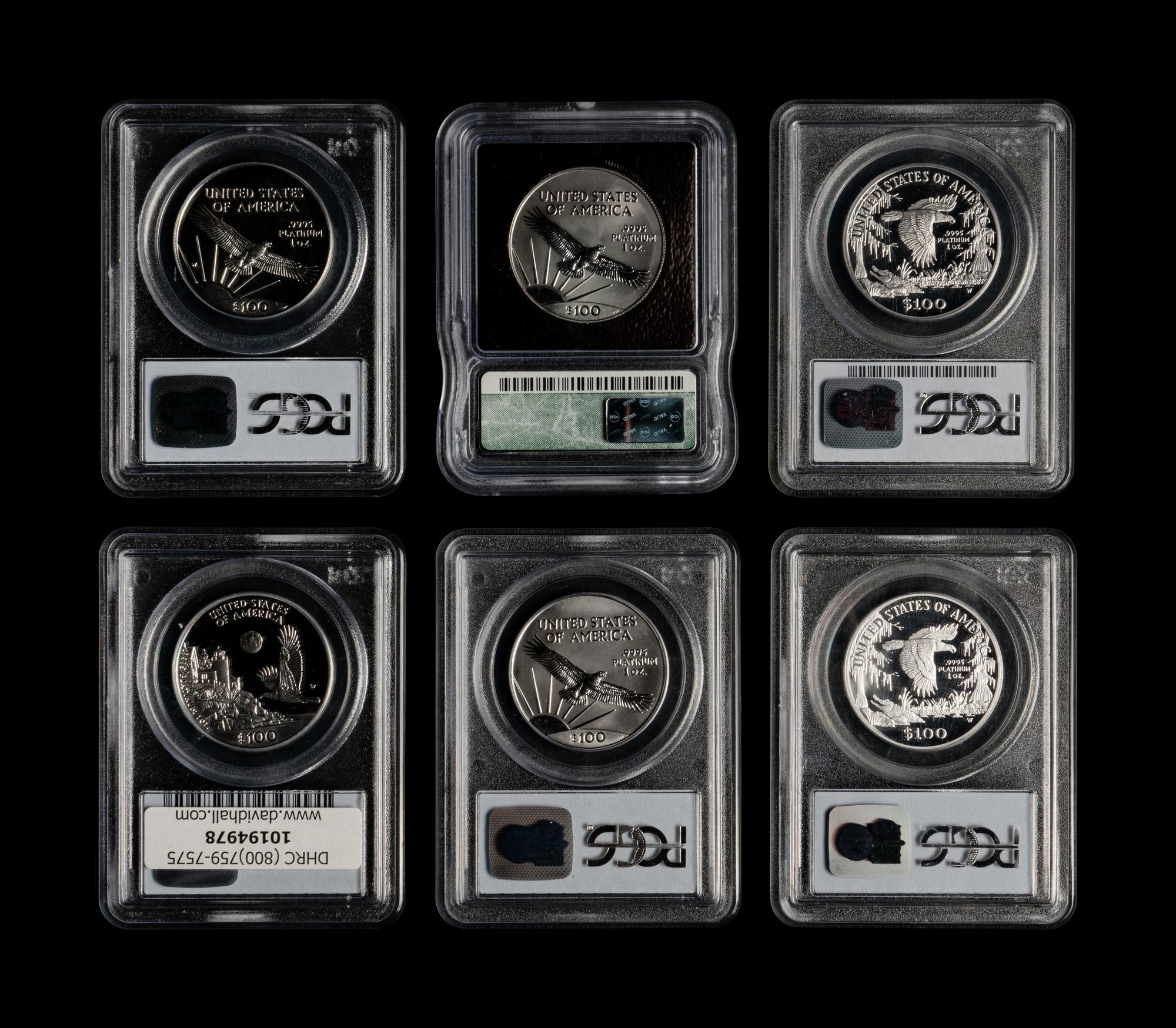 A Group of Six Statue of Liberty $100 1 oz. Platinum Proof and Mint Coins