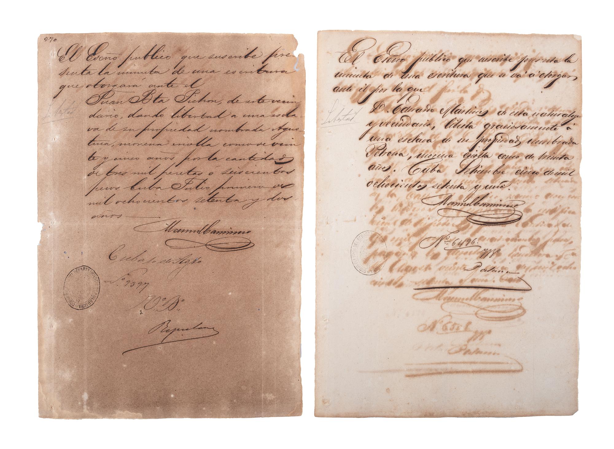 [SLAVERY & ABOLITION]. A group of 12 manumission documents for enslaved persons in Cuba. 1871-1879.
