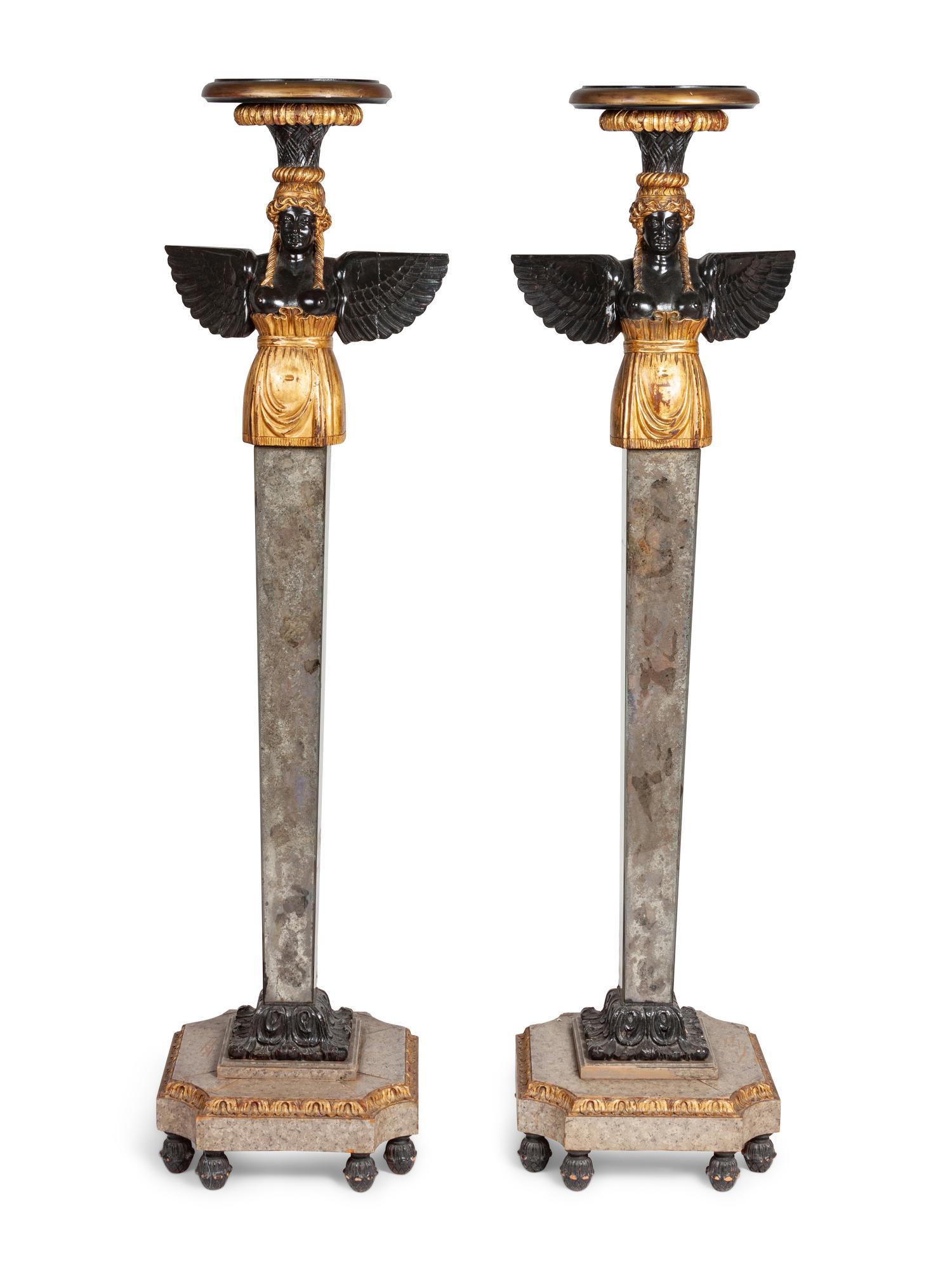 A Pair of Venetian Style Carved, Painted and Mirror Veneered Pedestals