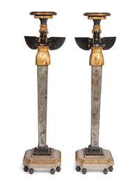 A Pair of Venetian Style Carved, Painted and Mirror Veneered Pedestals