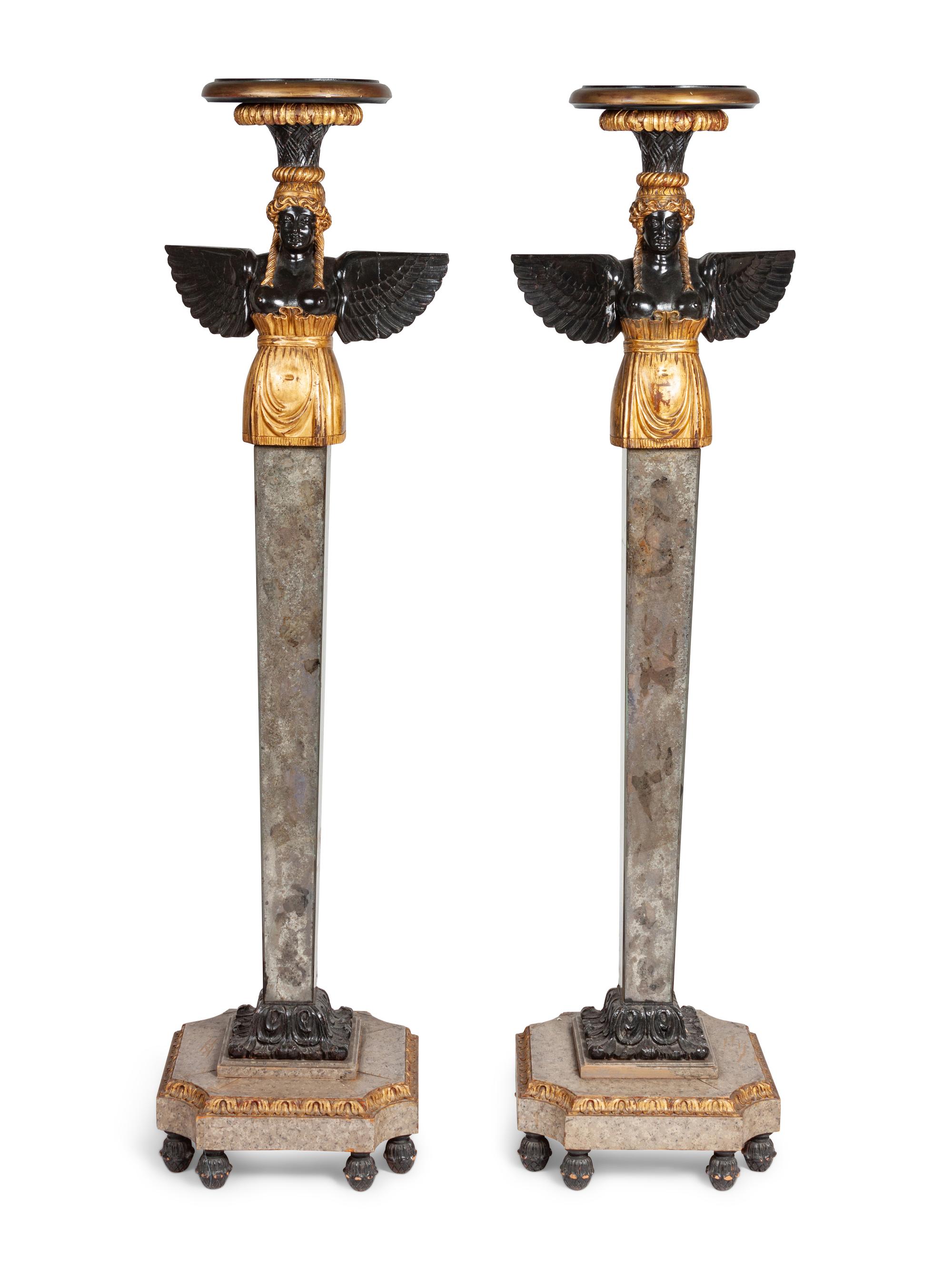 A Pair of Venetian Style Carved, Painted and Mirror Veneered Pedestals