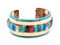 Yellow gold cuff bracelet with turquoise, coral, jet, shell, and lapis mosaic inlay