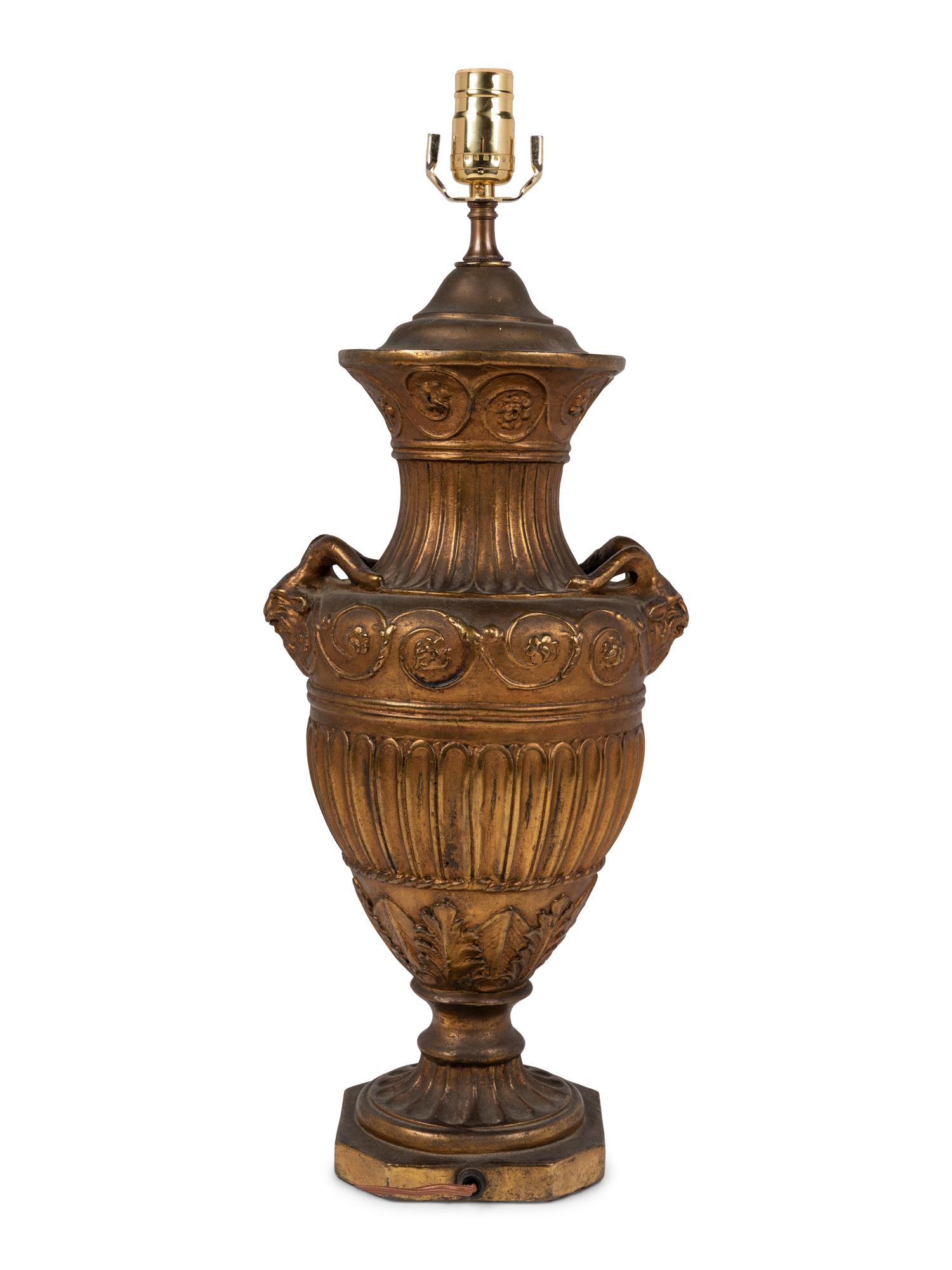 A Neoclassic Style Gilt Composition Urn Mounted as a Lamp