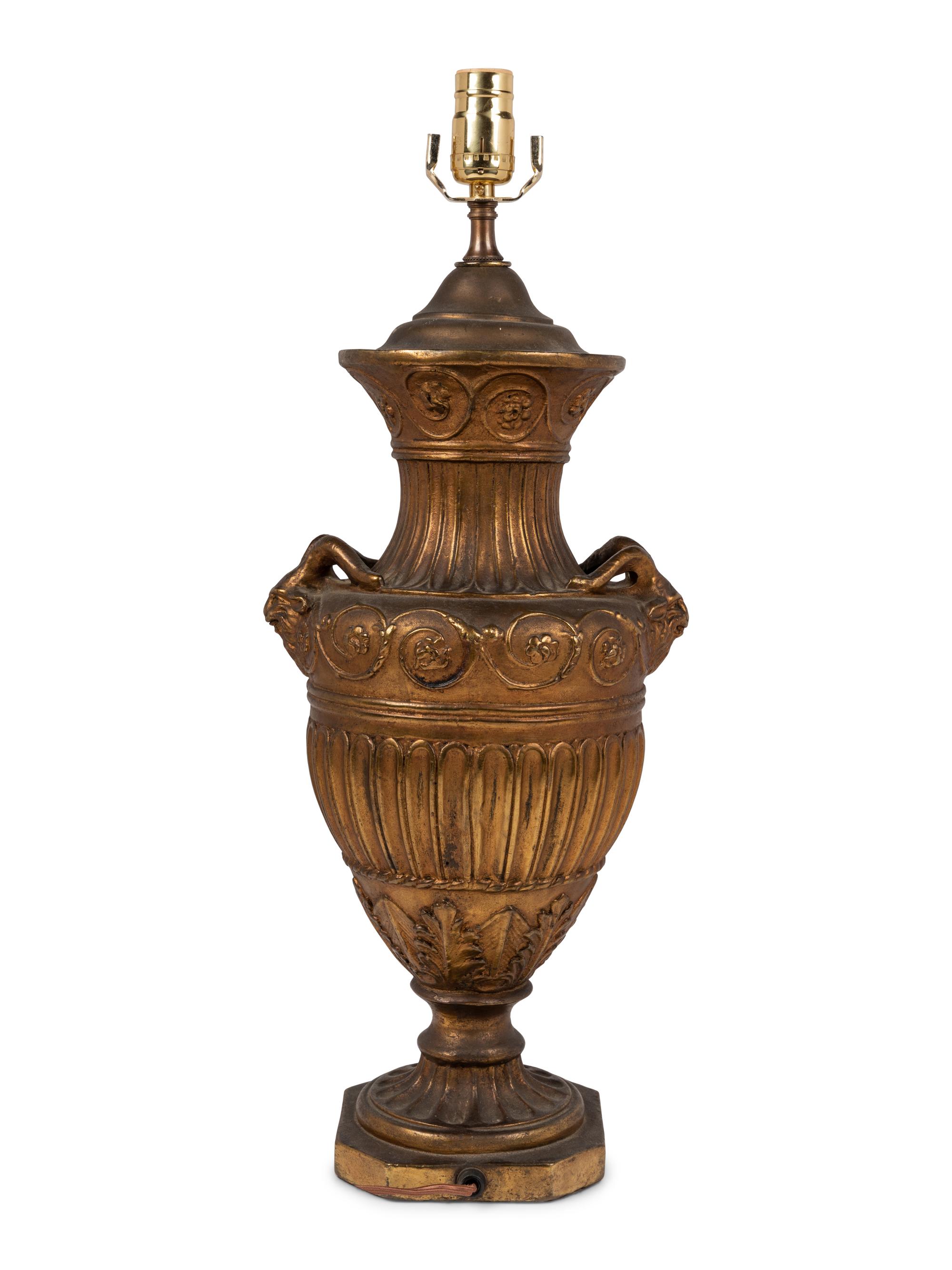A Neoclassic Style Gilt Composition Urn Mounted as a Lamp