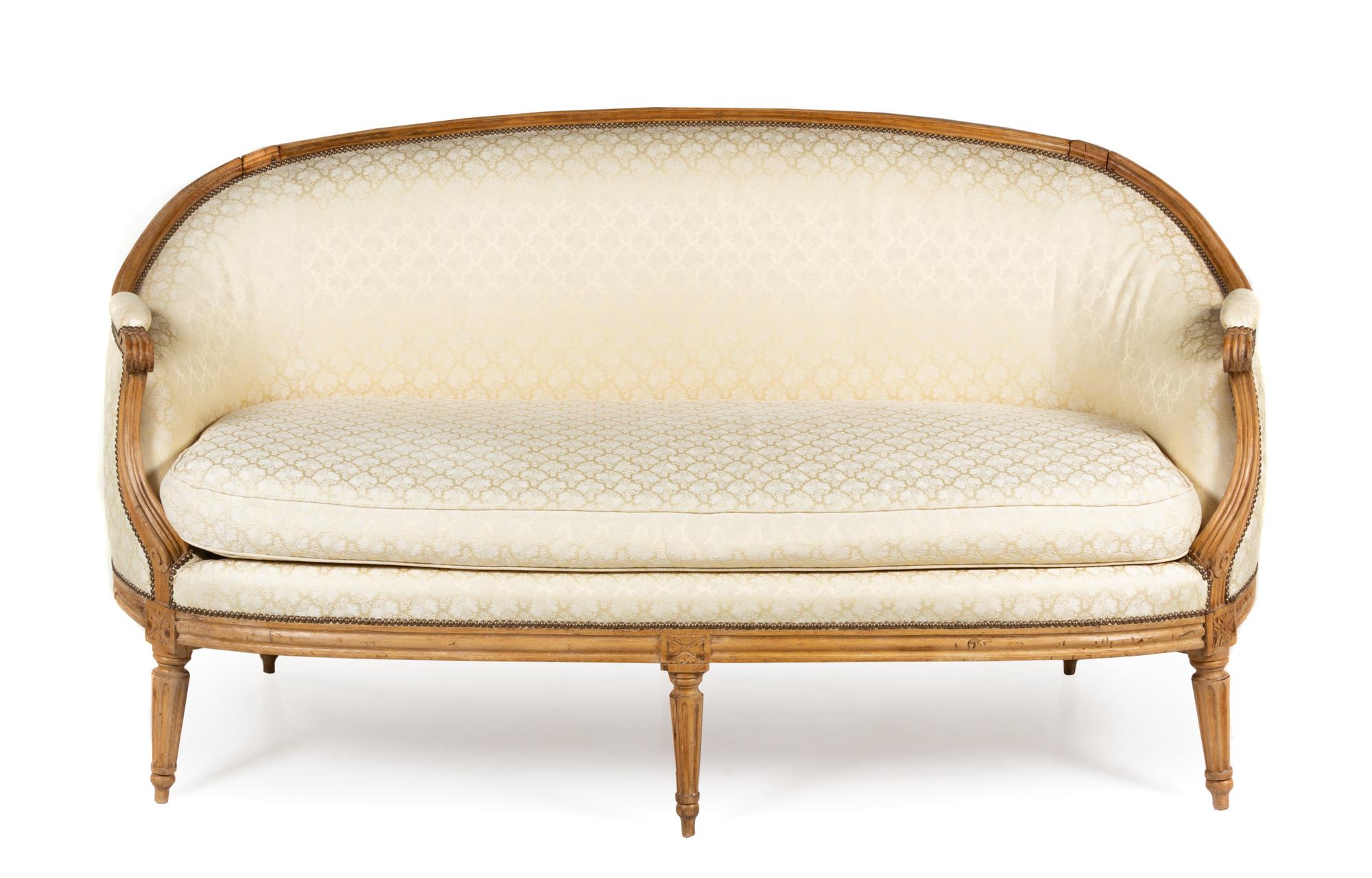 A Louis XVI Style Upholstered Canape Height 36 1/2 x width 67 5/8 x depth 35 inches. — 19TH CENTURY