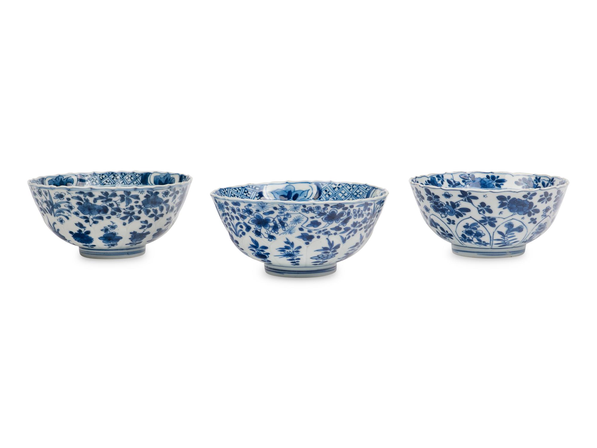 Three Chinese Export Blue and White Porcelain Bowls