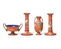 Four Wedgwood Enamel-Decorated Rosso Antico Table Articles