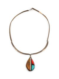 Silver Choker, with Ironwood, Turquoise, and Coral Inlay Pendant Lot is located and will ship from Denver, Colorado.