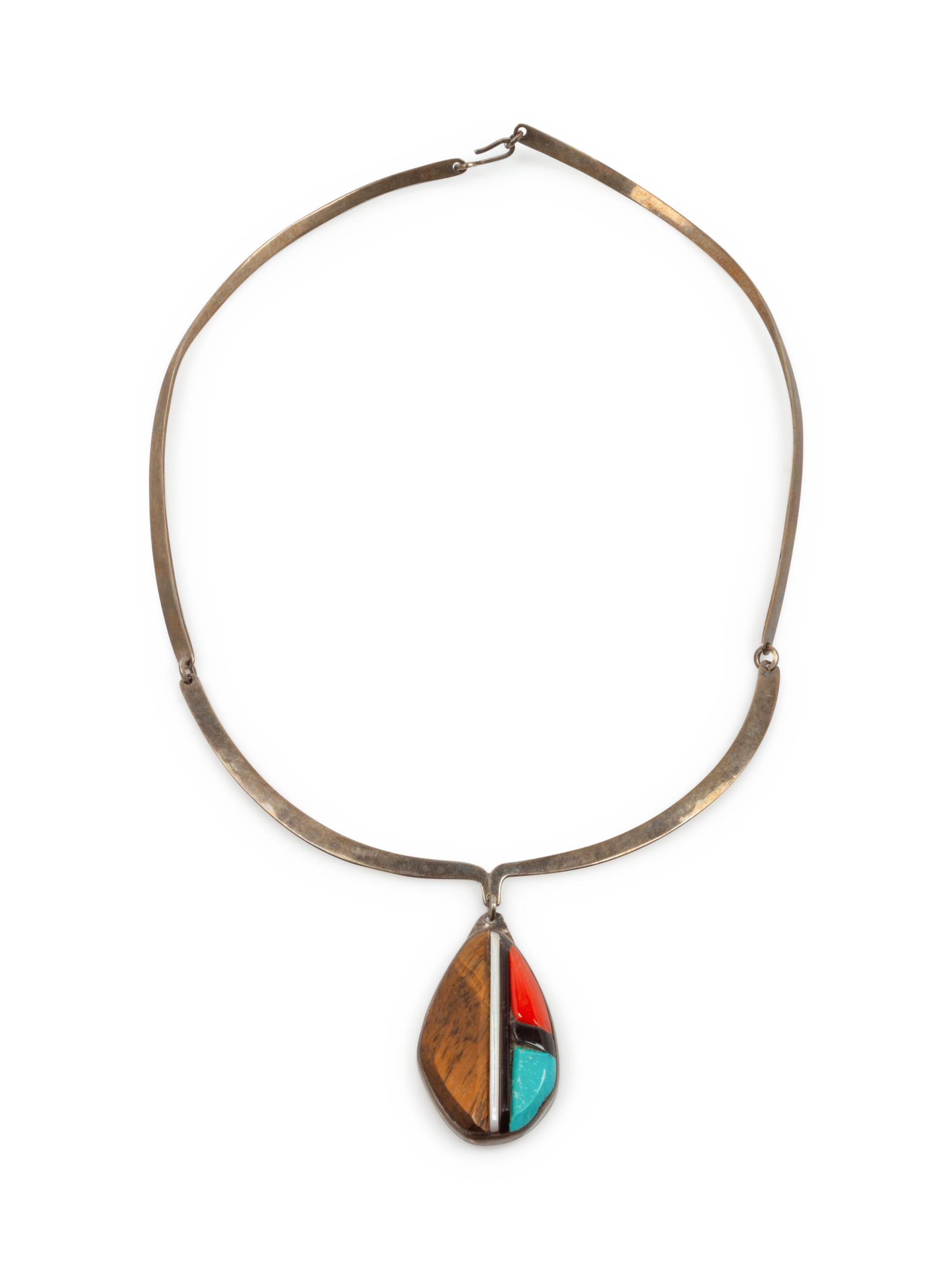Silver Choker, with Ironwood, Turquoise, and Coral Inlay Pendant Lot is located and will ship from Denver, Colorado.